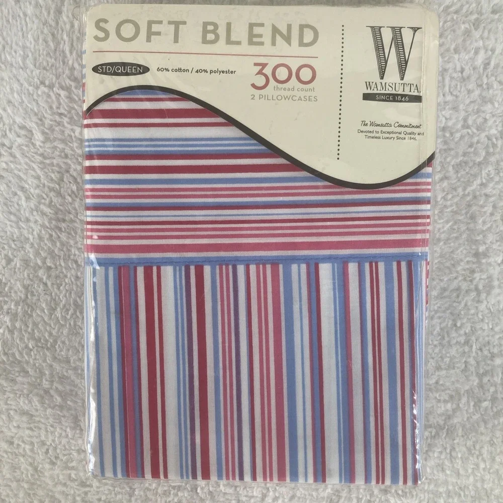 Wamsutta 300 Thread Count 2 Pillowcases Queen Stripe Red Blue‎ NOS Spring 2007
